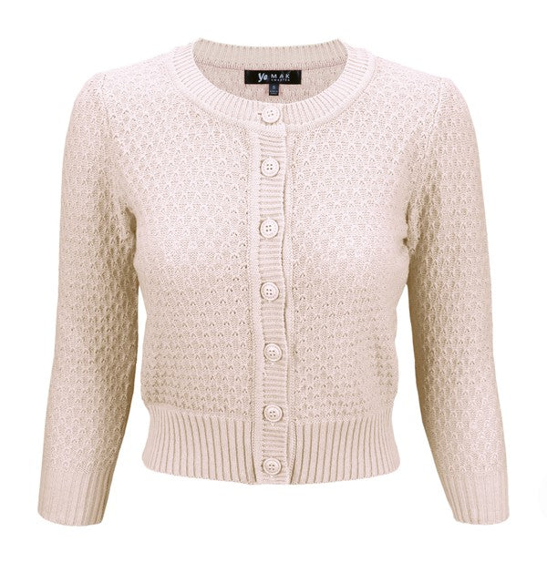 Cute Pattern Cropped Cardigan Sweater 3/4 Sleeve Blush