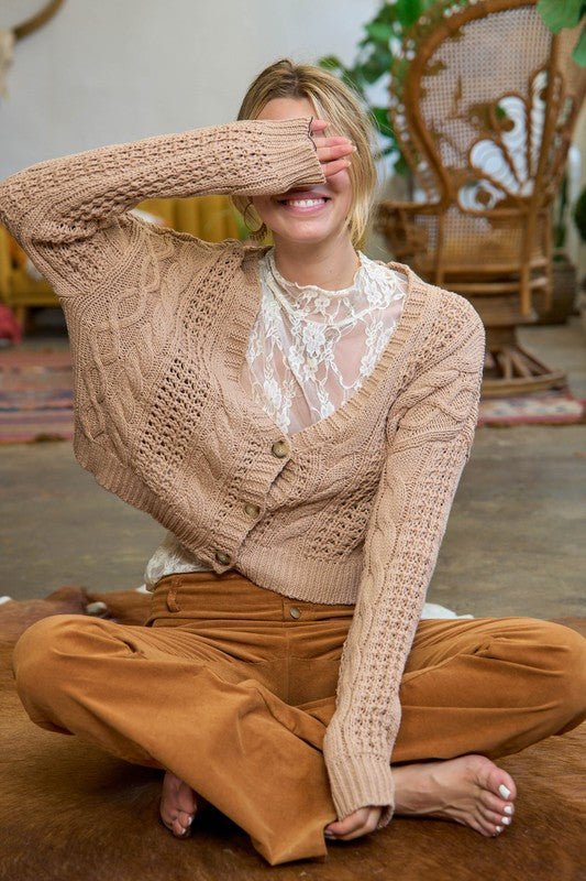 CABLE KNIT CARDIGAN JJK5023P TAUPE 1X/2X