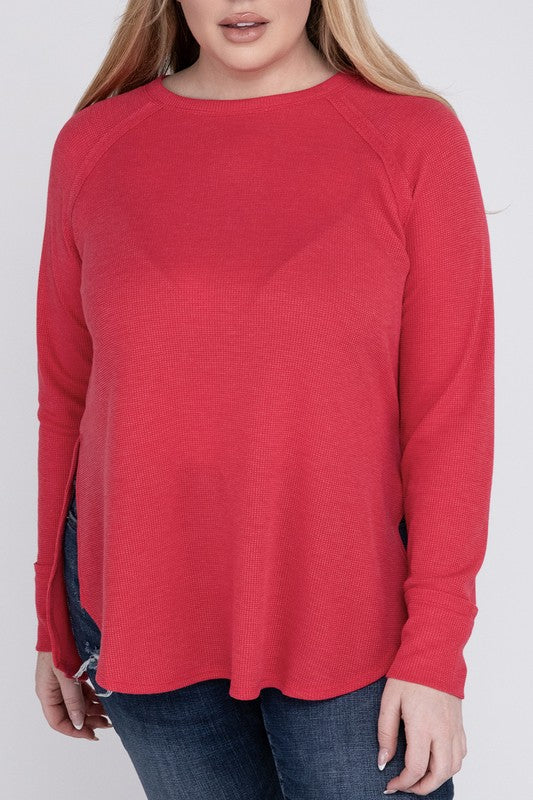 Plus Melange Baby Waffle Long Sleeve Top VIVA MAGENTA