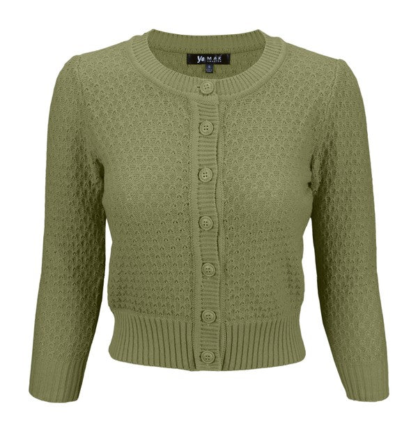 Cute Pattern Cropped Cardigan Sweater 3/4 Sleeve Olive