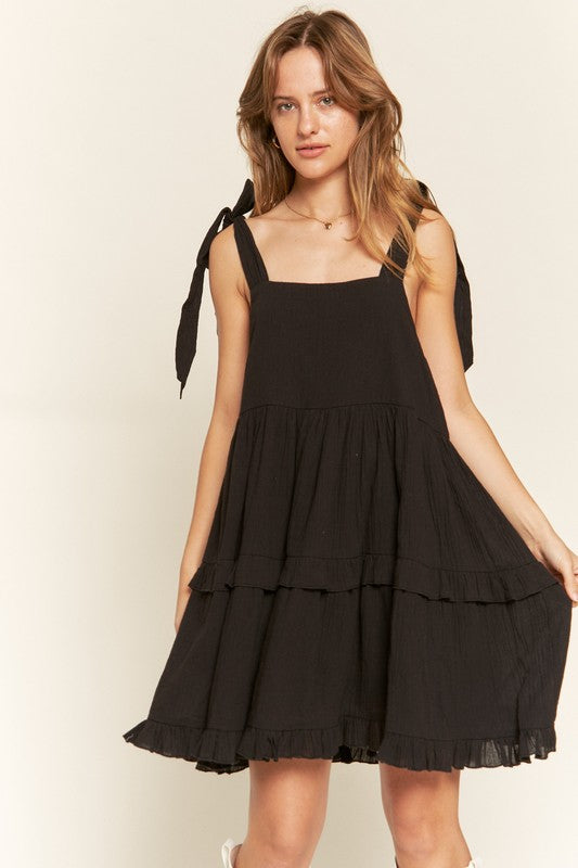 Square neck ruffle dress BLACK