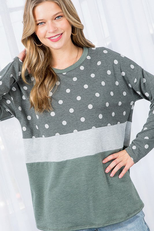 PLUS POLKA DOT SOLID COLORBLOCK TOP Olive