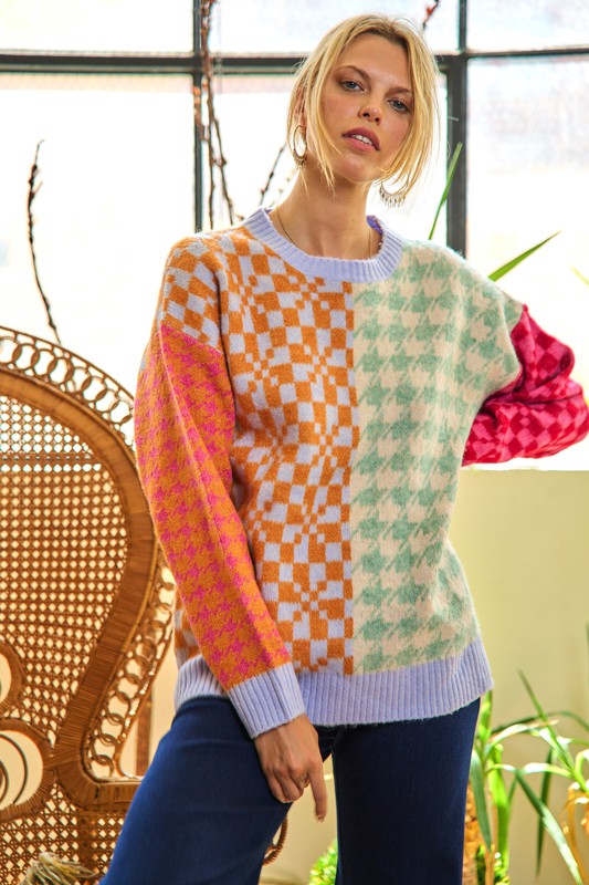 Patchwork oversized sweater top JJK5037P MULTI 1X/2X