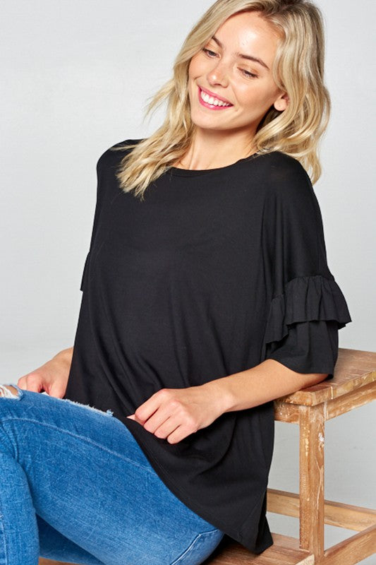 PLUS SOLID RUFFLE SLEEVE CASUAL TOP