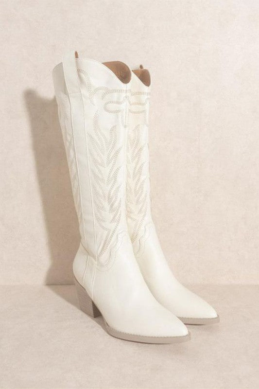 SAMARA-EMBROIDERY WESTERN KNEE HIGH BOOTS WHITE