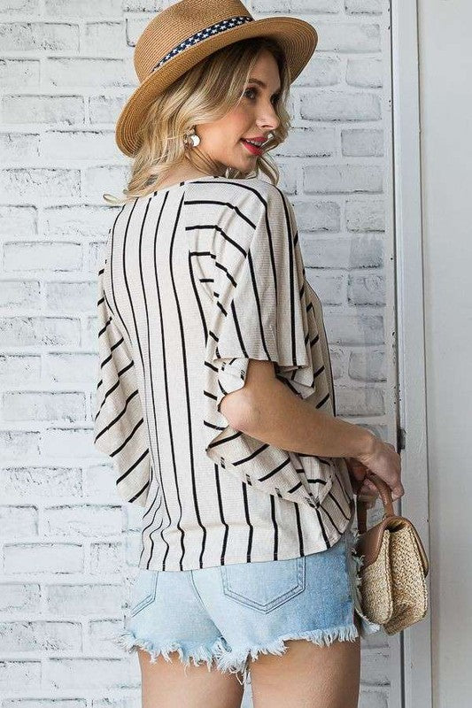 STRIPE PRINT TIE HEM ROUND NECK CAPE SLEEVE TOP