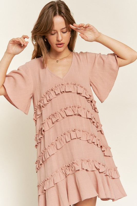 TIERED RUFFLE MINI DRESS l. mauve