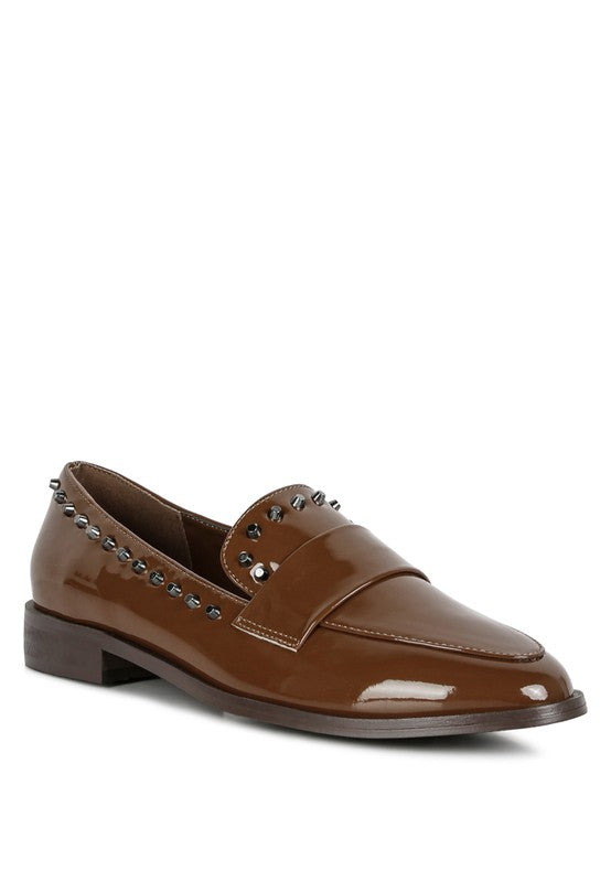 EMILIA Black Shine Forever Stud Penny Loafers Tan