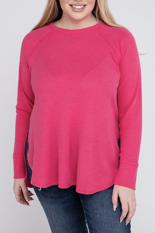 Plus Melange Baby Waffle Long Sleeve Top FUCHSIA