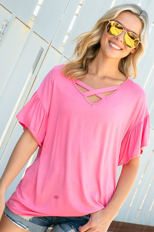 PLUS SOLID LACE UP SHORT SLEEVE TOP