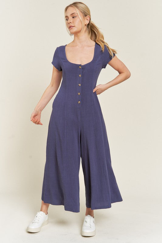 LINEN BUTTON DOWN JUMPSUIT NAVY
