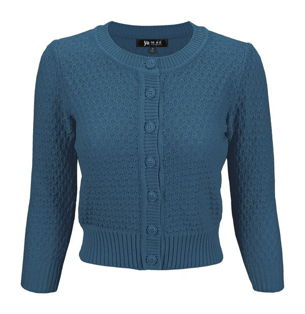 Cute Pattern Cropped Cardigan Sweater 3/4 Sleeve Teal Blue