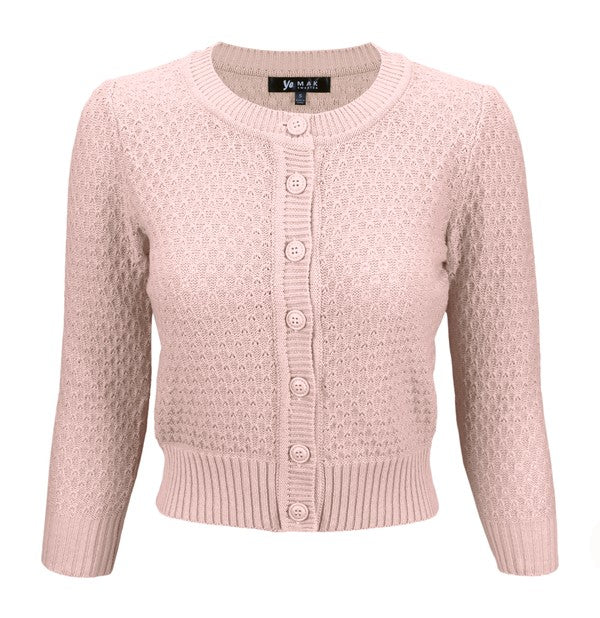 Cute Pattern Cropped Cardigan Sweater 3/4 Sleeve Peach Beige