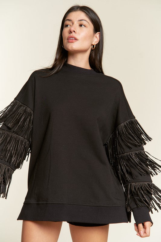 Silver studded fringe sleeve top PLUS JJT5009P BLACK