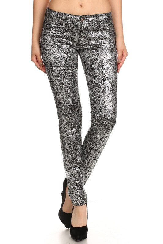 Low Rise Metallic Print Skinny jeans Pants Silver