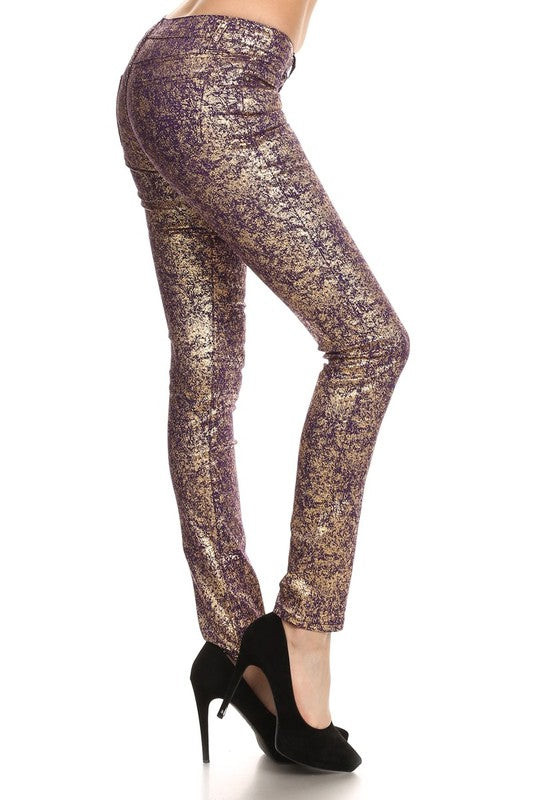 Low Rise Metallic Print Skinny jeans Pants G. Purple