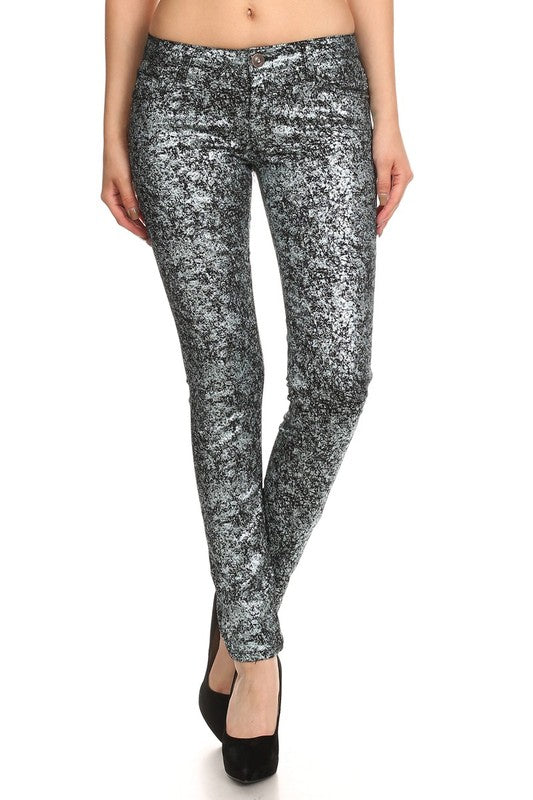 Low Rise Metallic Print Skinny jeans Pants Gun Charcoal