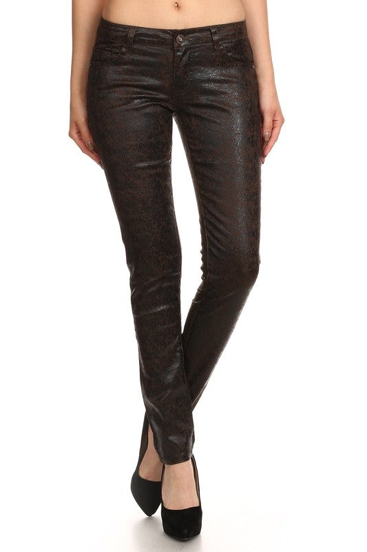Low Rise Metallic Print Skinny jeans Pants Brown