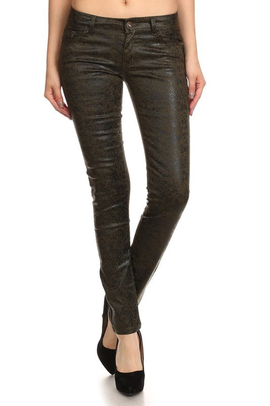 Low Rise Metallic Print Skinny jeans Pants Olive