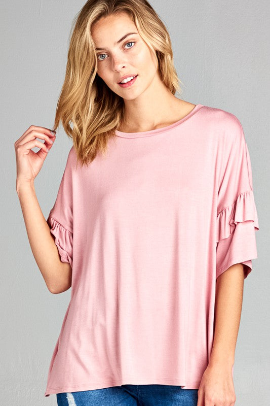 PLUS SOLID RUFFLE SLEEVE CASUAL TOP Rose