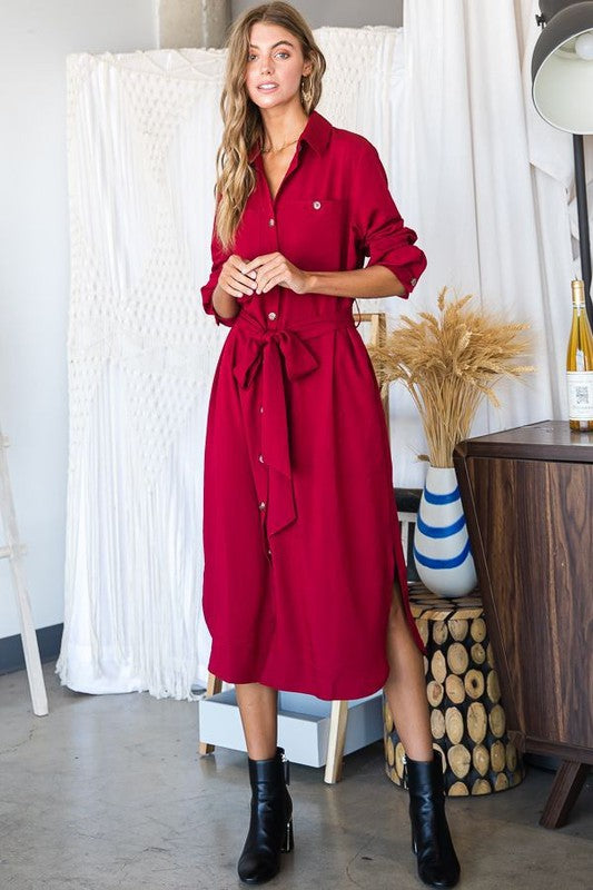 Button down shirt long dress PLUS 30-545P RED