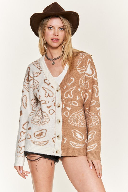 Heart paisley Color block cardigan PLUS JJK5018P TAUPE/IVORY 1X/2X