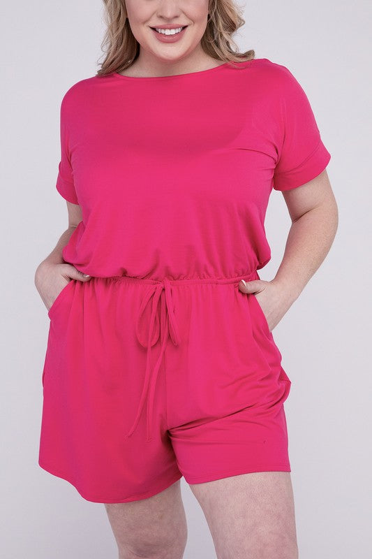 Plus Brushed DTY Romper with Pockets FUCHSIA