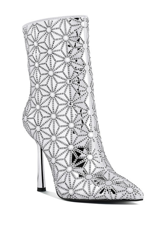 Precious Mirror Embellished High Ankle Boots White