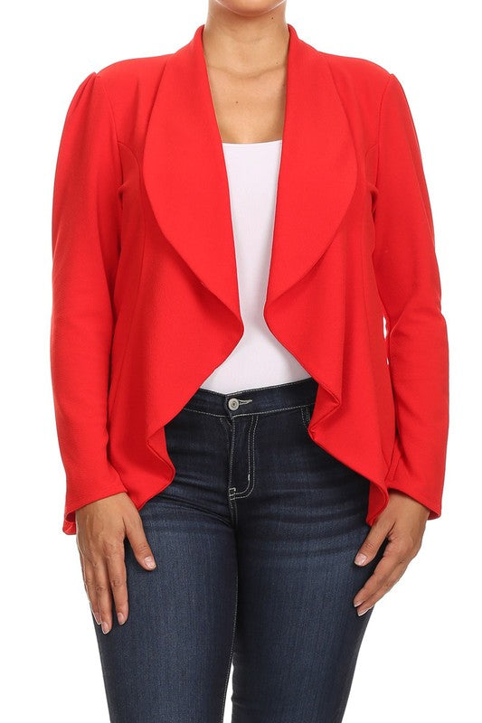 Plus Casual Solid open front jacket blazer Red