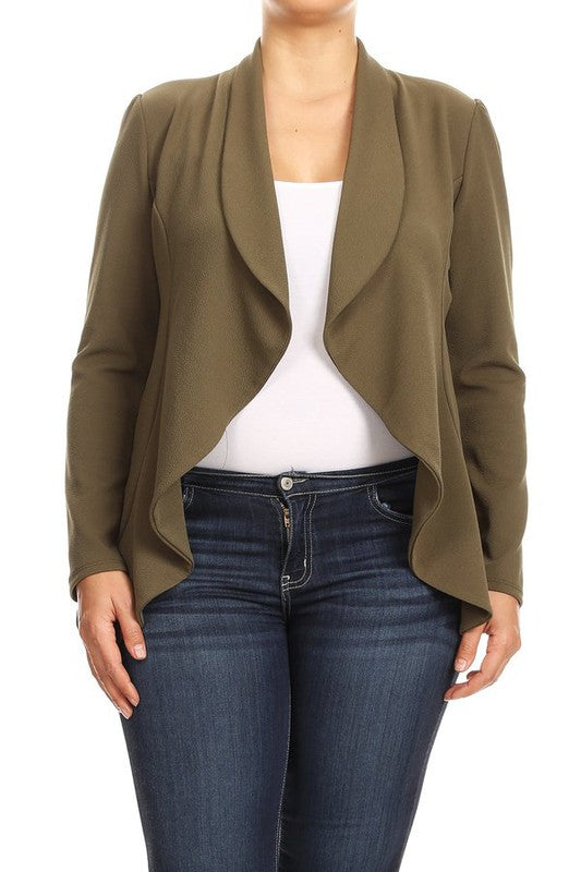 Plus Casual Solid open front jacket blazer Olive