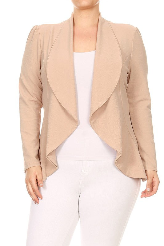 Plus Casual Solid open front jacket blazer Khaki