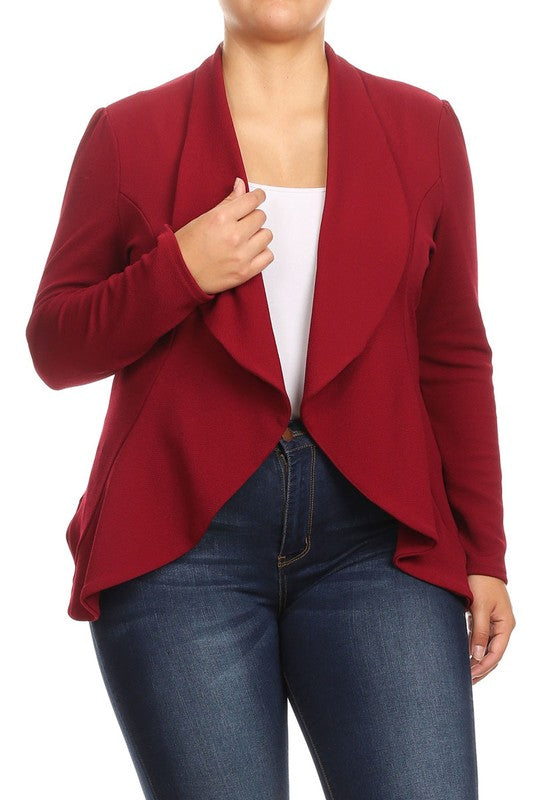 Plus Casual Solid open front jacket blazer Burgundy