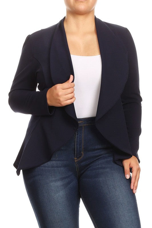 Plus Casual Solid open front jacket blazer Navy