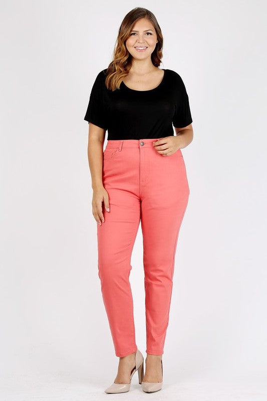 Plus Size High Waist Solid Stretch Jeans Pants Coral
