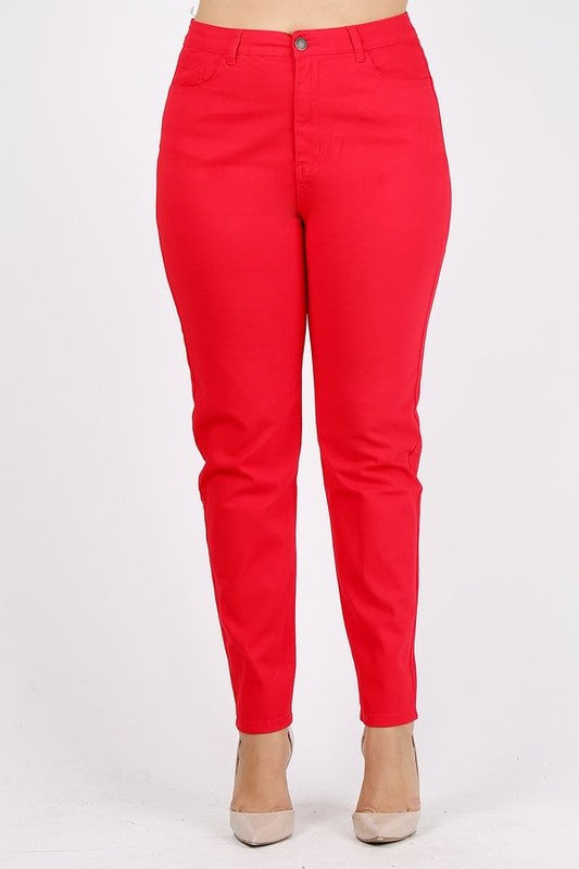 Plus Size High Waist Solid Stretch Jeans Pants Red