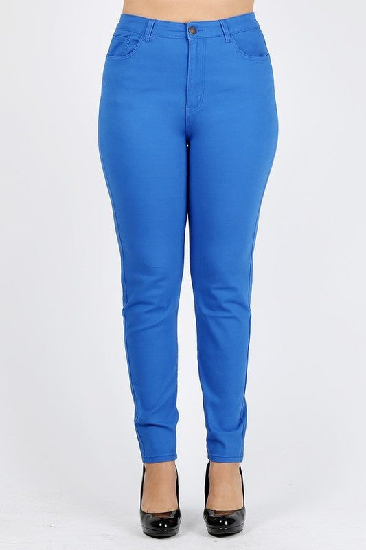 Plus Size High Waist Solid Stretch Jeans Pants Royal Blue