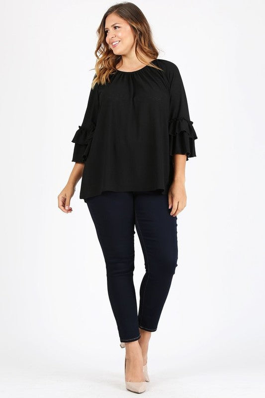 Knit 3/4 Sleeve Double Layer Ruffle Sleeve Top Black