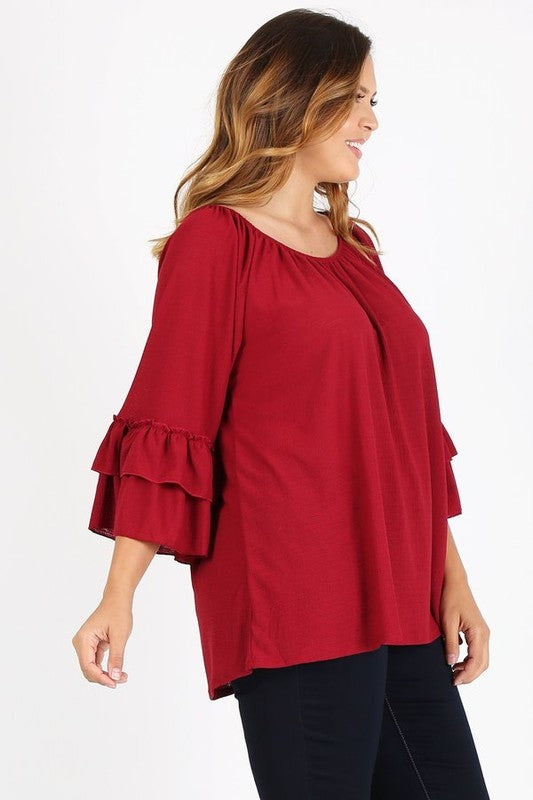 Knit 3/4 Sleeve Double Layer Ruffle Sleeve Top