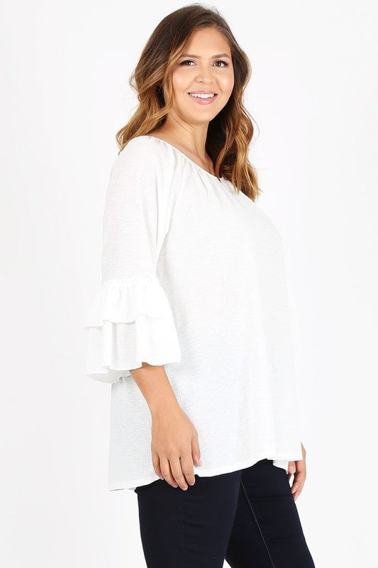 Knit 3/4 Sleeve Double Layer Ruffle Sleeve Top