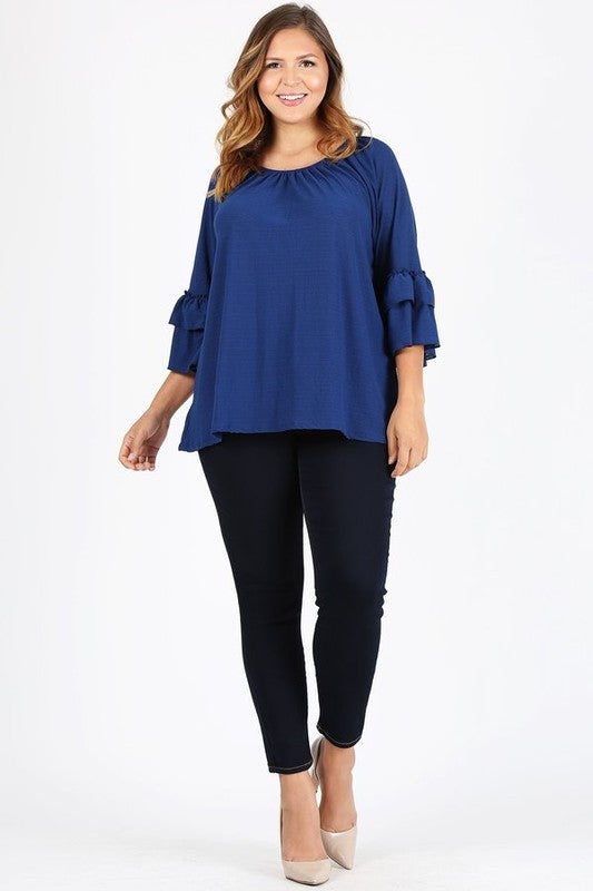 Knit 3/4 Sleeve Double Layer Ruffle Sleeve Top