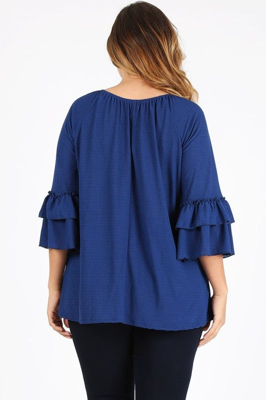Knit 3/4 Sleeve Double Layer Ruffle Sleeve Top