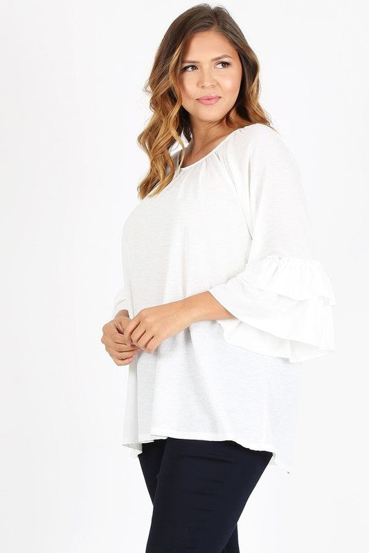 Knit 3/4 Sleeve Double Layer Ruffle Sleeve Top White