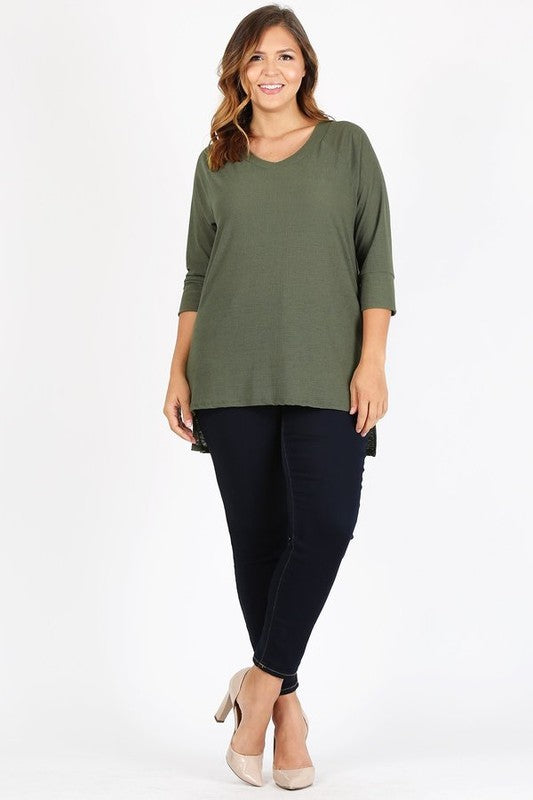 Plus Size Knit V-Neck Hi-Low Top Olive