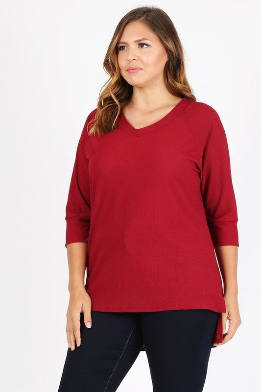 Plus Size Knit V-Neck Hi-Low Top Burgundy