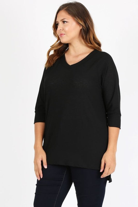 Plus Size Knit V-Neck Hi-Low Top Black