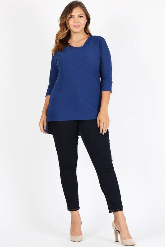 Plus Size Knit V-Neck Hi-Low Top Navy