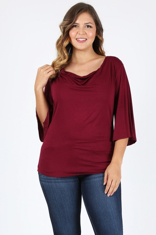 Plus size cowl neck basic top Burgundy