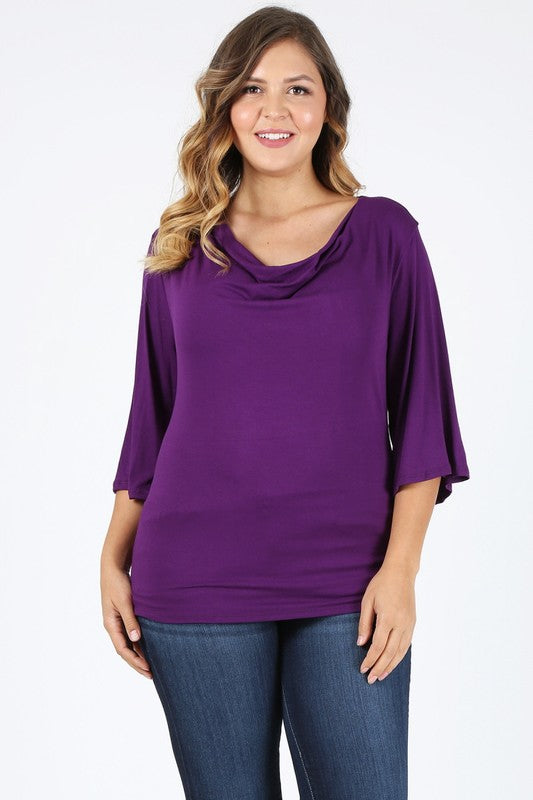 Plus size cowl neck basic top Eggplant