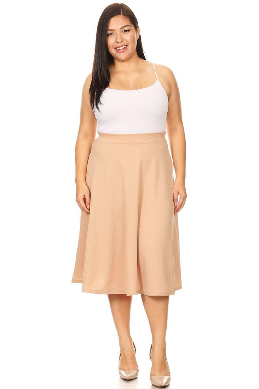 Solid high waisted, A-line, midi skirt Khaki