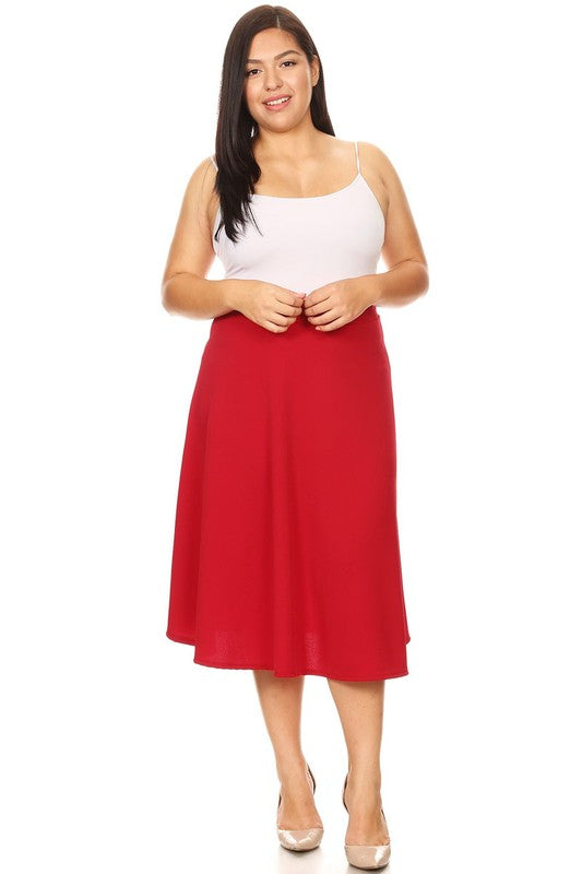 Solid high waisted, A-line, midi skirt Red
